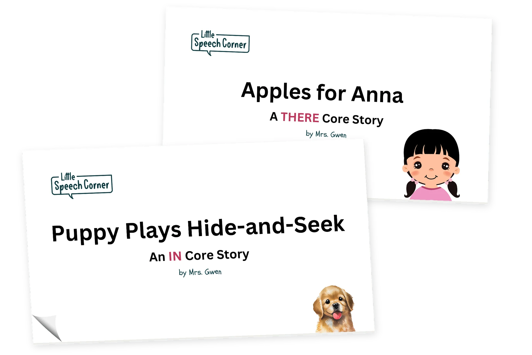 Original Core Story covers by Mrs. Gwen, including Puppy Plays Hide-and-Seek and Apples for Anna.